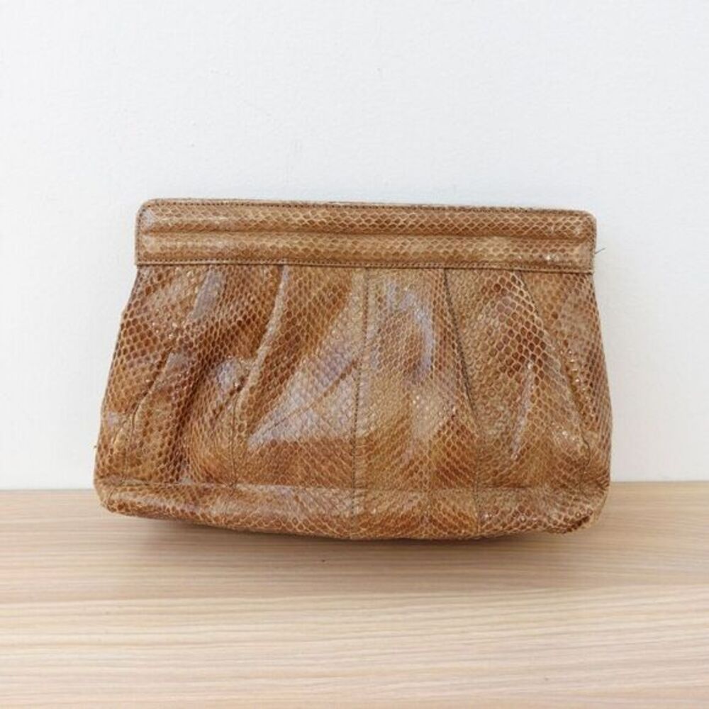 VINTAGE Y2K Snakeskin Clutch Bag Brown‎ 70s Boho Leather Purse BARBARA BOLAN